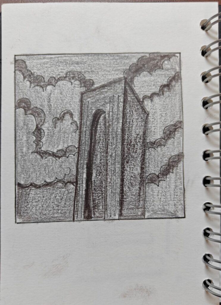 A graphite sketch depicting a mysterious magical arch rising into swirling clouds, inspired by the hidden gateways and forgotten ruins of the wizarding world. The dramatic perspective creates a sense of mystery and adventure.