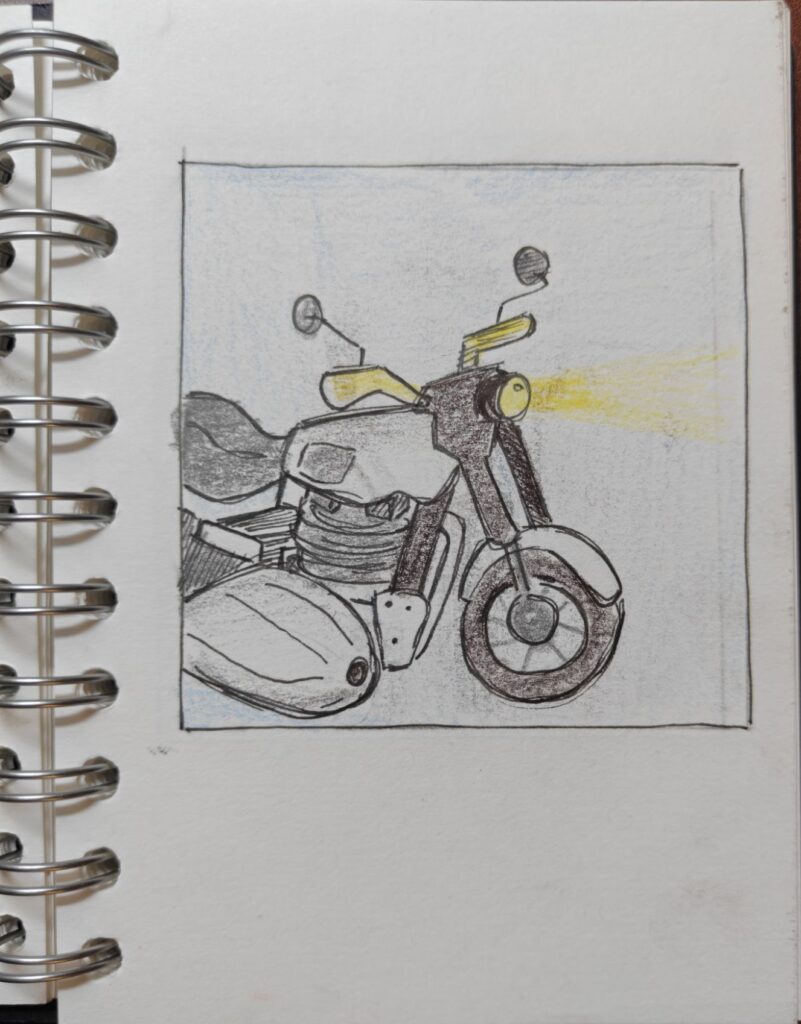 The legendary flying motorcycle ready for another magical journey. A stylized illustration of a classic motorcycle with its glowing headlamp, reminiscent of Hagrid's iconic flying bike.