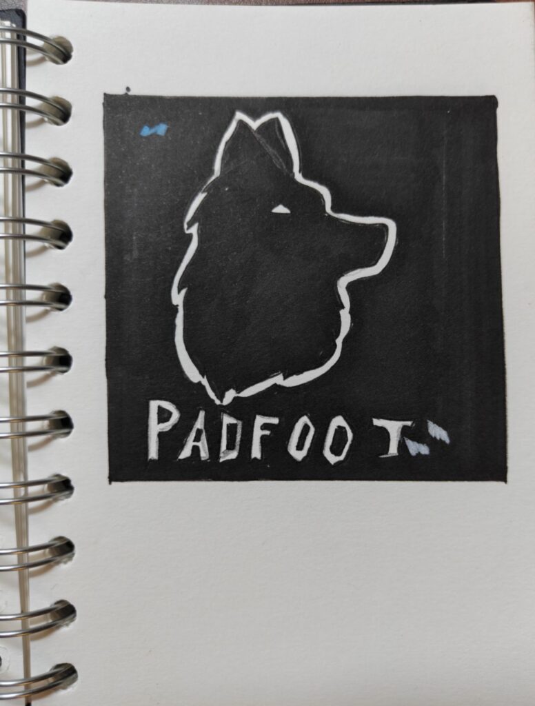 A bold black-and-white silhouette illustration representing Padfoot, the loyal Animagus of Sirius Black. The simple graphic style emphasizes strong contrast and instantly recognizable character symbolism.