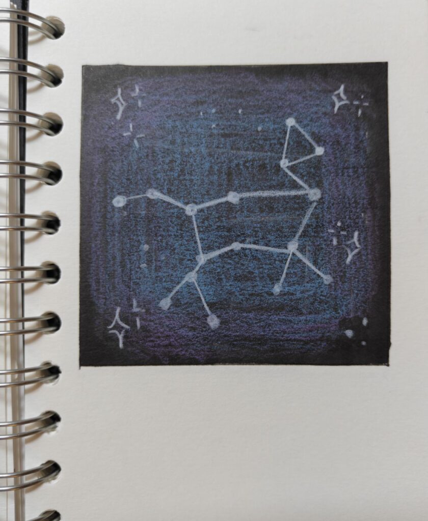 A colorful night-sky illustration featuring a constellation shaped like a loyal dog, inspired by Sirius, the brightest star, and the beloved Marauder known as Padfoot. Soft blues and purples create a magical atmosphere.