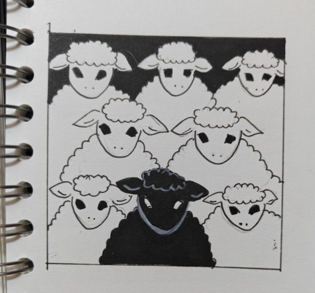 A whimsical illustration showing one black sheep standing confidently among white sheep. Inspired by themes of individuality, courage, and embracing one's uniqueness—qualities celebrated throughout Harry Potter.