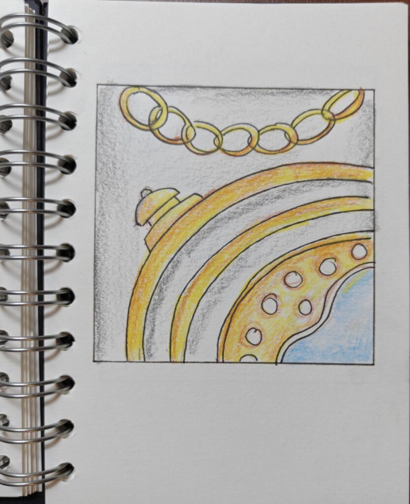 A close-up study inspired by Hermione Granger's famous Time-Turner. Warm golden tones, circular forms, and decorative chains emphasize the elegance and mystery of magical time travel.